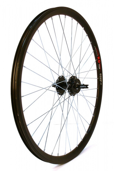 Колесо 26" MTB,переднее, под диск,двойной обод RD-1026,28х23мм,алюминиевый сплав, черный,черная втулка KT-M65FQR,100 мм с эксц. ,под диск 36 спиц,крепление ротора IS6